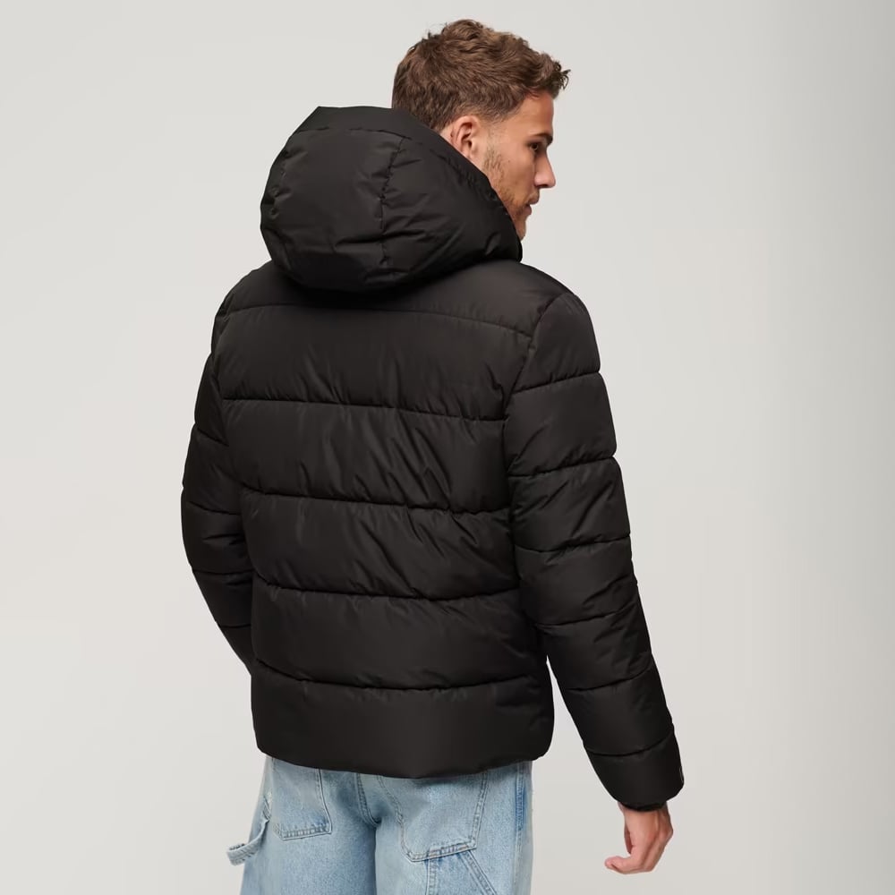 Men's Black Hooded Puffer Jacket - Stylish Winter Coat with Insulated Warmth & Zippered Pockets