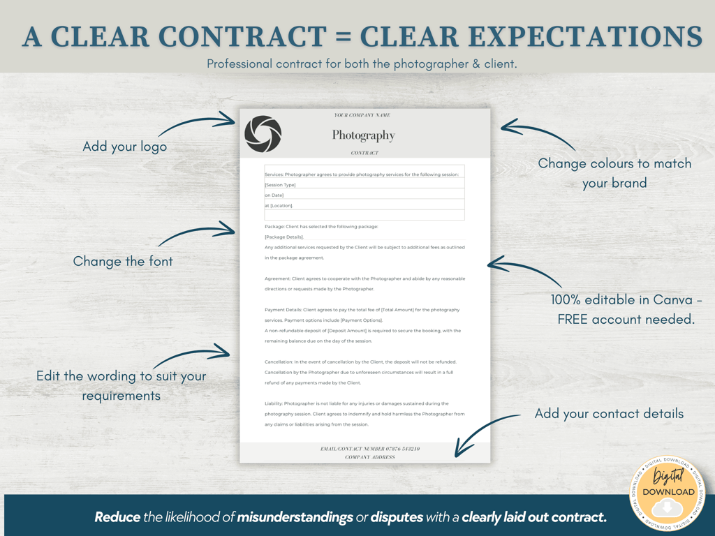 A page of this photography contract bundle and the image is showing you the areas which are editable in Canva. 