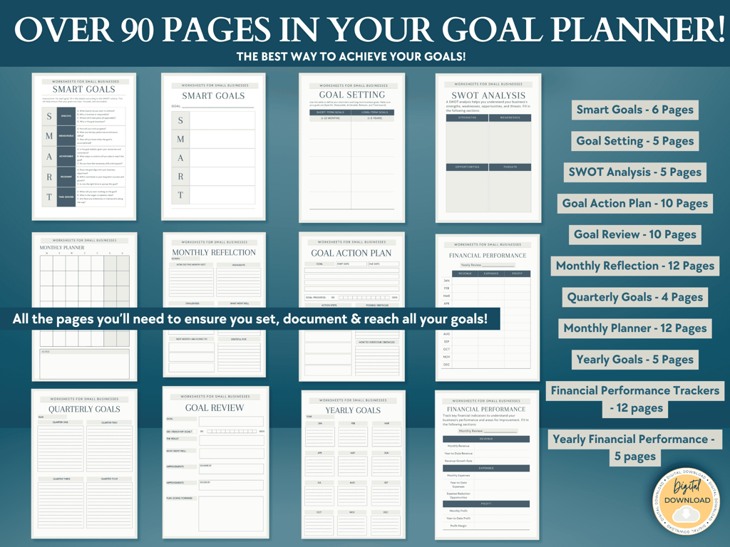 Over 90-pages in this concise MRR goal setting planner. This image is showing you each of them. 