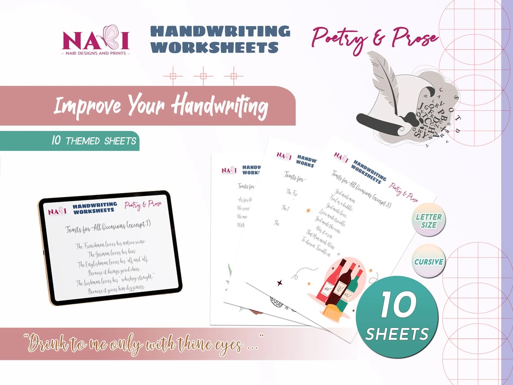 Handwriting practice sheets featuring entertaining party toasts