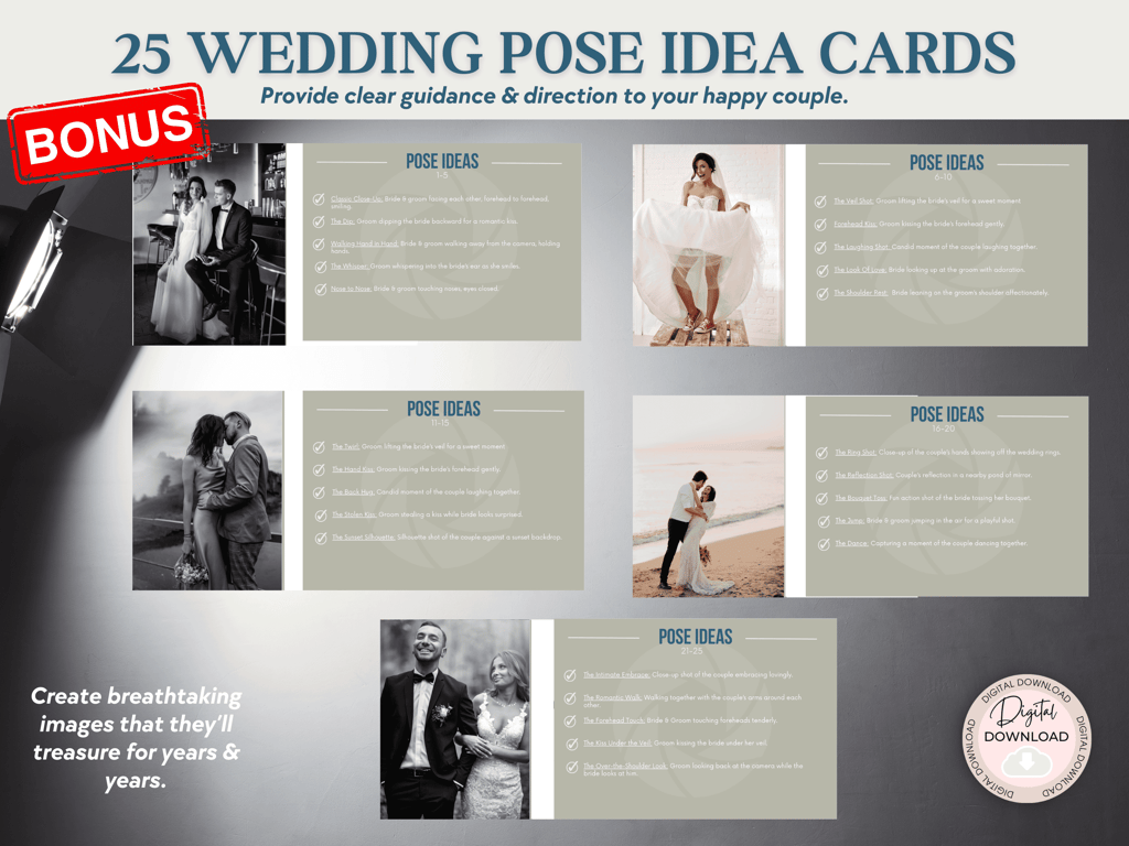 The images is showing all 5 bonus product wedding pose cards. 