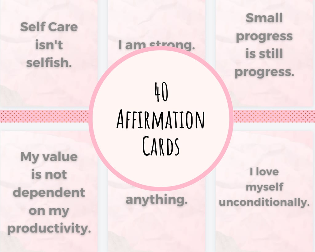 preview of prints containing six examples behind a circle that says 40 affirmation cards.