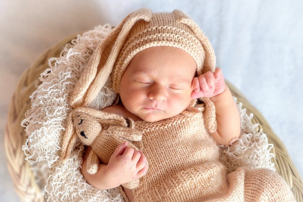 Sleeping baby in a woolly outfit