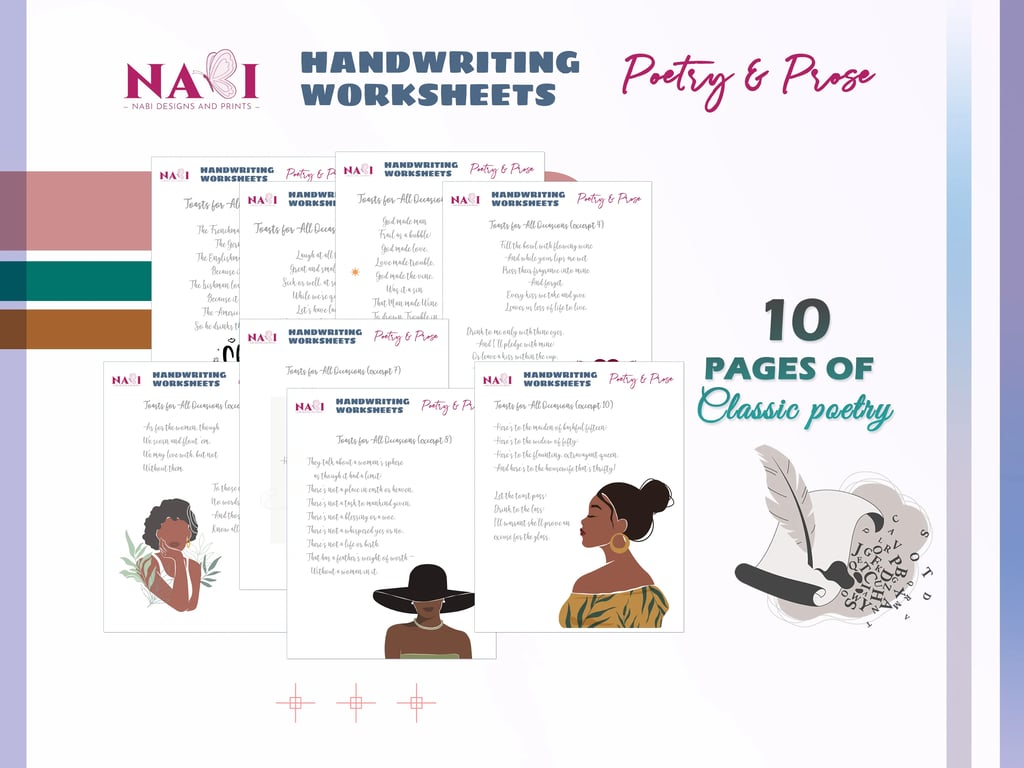 Handwriting practice sheets featuring entertaining party toasts