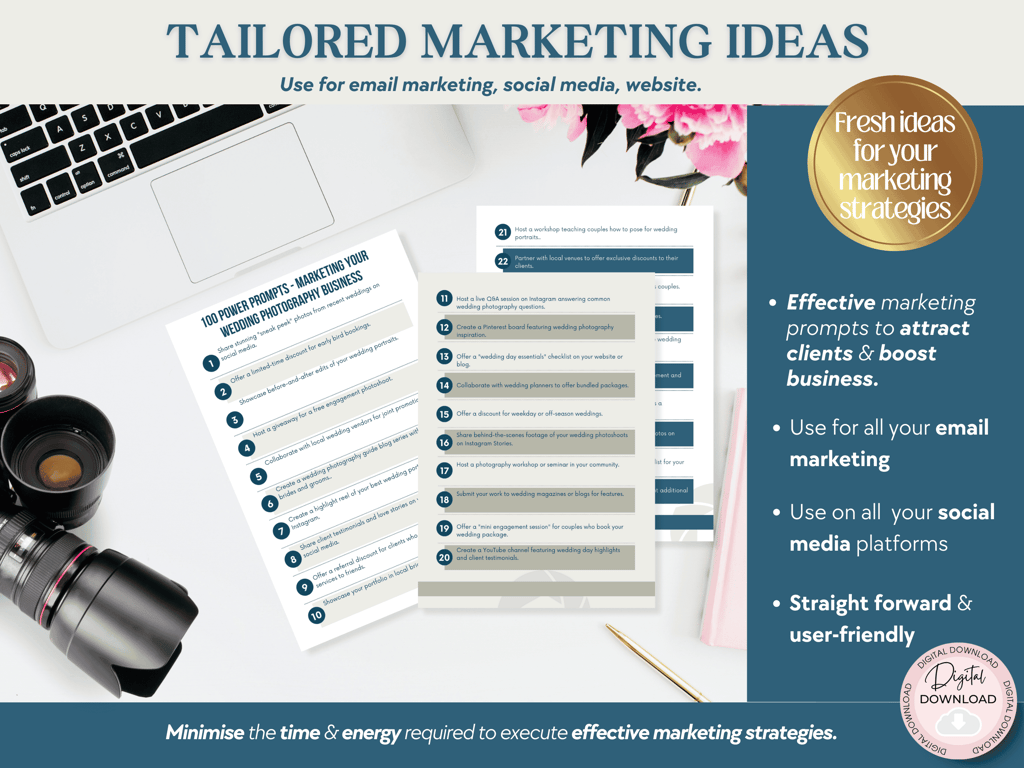 Several pages of the Chat GPT marketing prompts for wedding photographers on a desk alongside a camera and a laptop. On the right hand side are some of the benefits of using this product. 