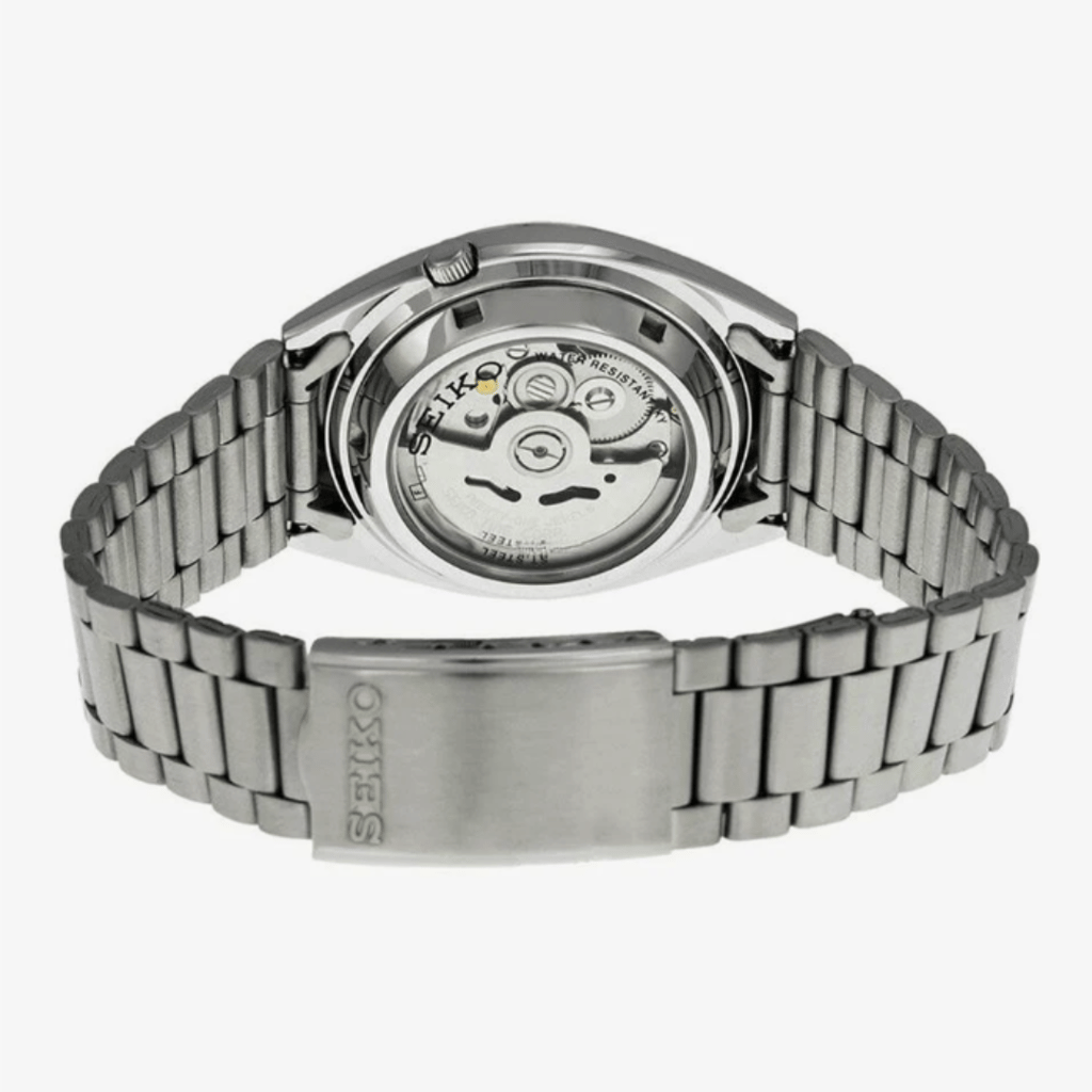 Back image of the Seiko SNXS Blue dial wrist watch, showing the bracelet, clasp and display back with mechanical movement.