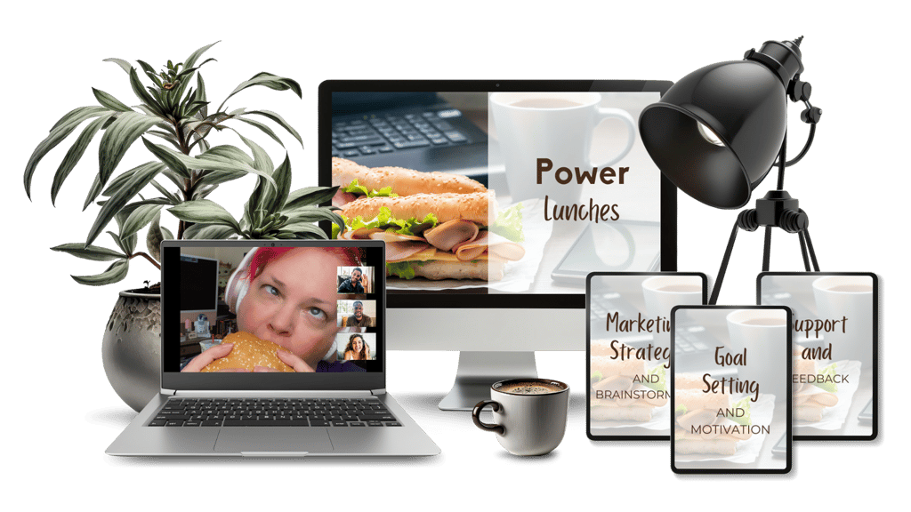 Computer screens showing Naomi eating a burger for the Power Lunches offer