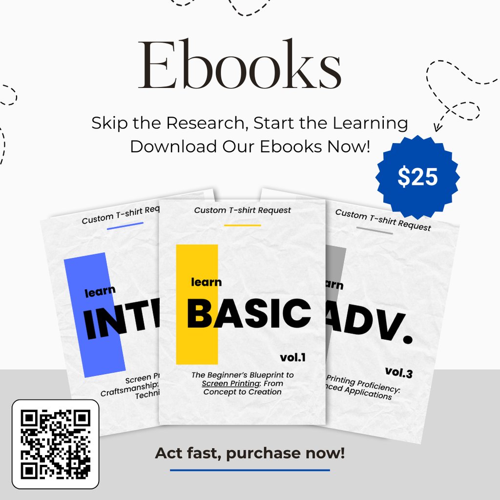 The image you uploaded features a promotional graphic for ebooks. It includes three ebook covers with titles: “INTRO,” “BASIC,” and “ADVANCED.” The covers are colored blue, yellow, and black, respectively. The central price tag indicates $25. The design suggests a modern and digital approach to learning, possibly related to screen printing. There are no math or homework problems present in this image.