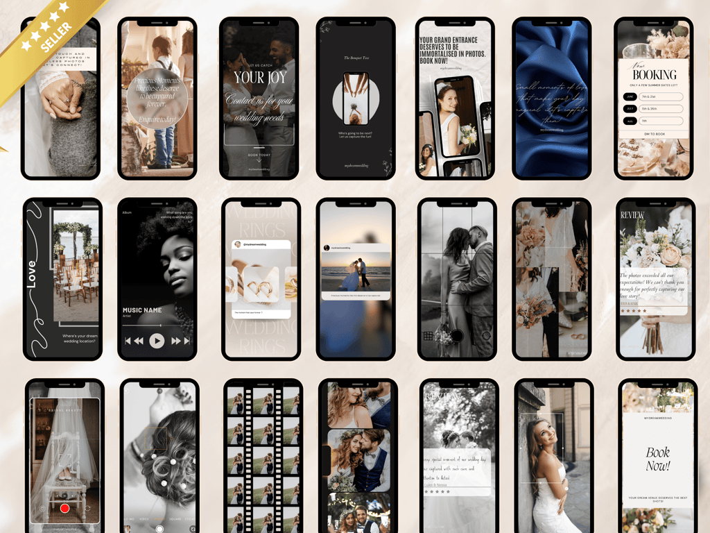 A sales page of multiple mobile phones displaying one of the Instagram Stories for wedding photographers