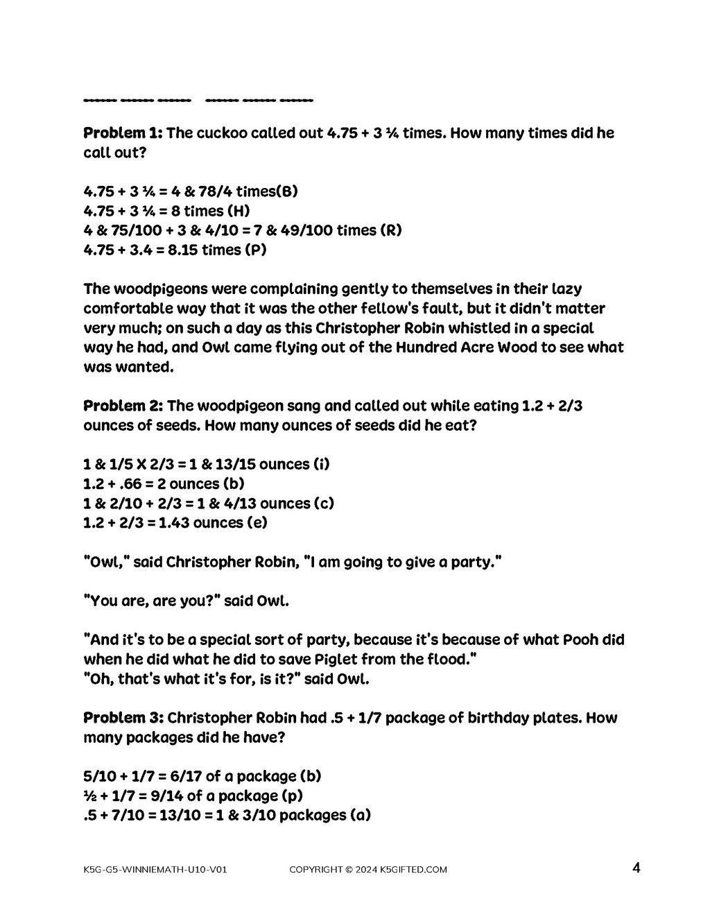 Winnie the Pooh Math for 5th Grade – Unit 10