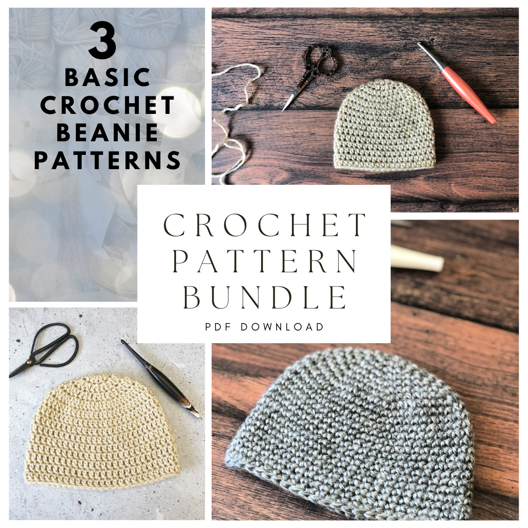 Photo collage of 3 crochet beanies in cream and grey yarn with text for crochet pattern bundle.