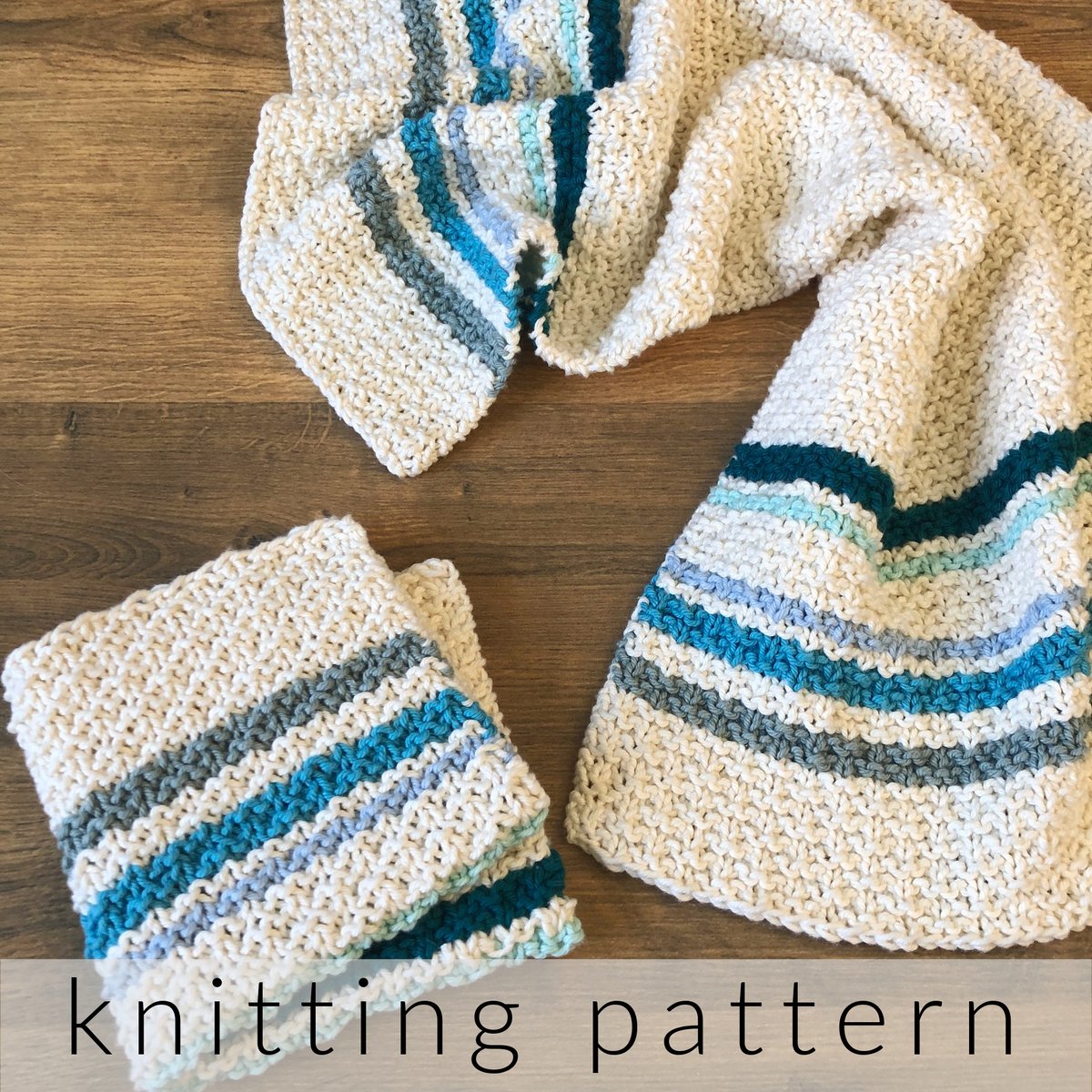 Folded washcloth next to striped towel with knitting pattern text.