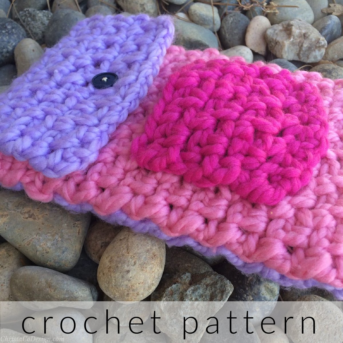Purple and pink crochet table cover.