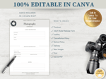 A desk with one of the pages on this comprehensive photography contract on showing you that it's completely editable in Canva, alongside this is a camera. 