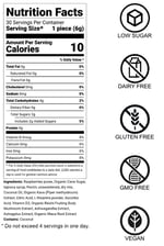 Calming Formula nutritional label with 10 calories per serving, low sugar, dairy-free, gluten-free, GMO-free, and vegan. Key ingredients include organic cane sugar, tapioca syrup, raspberry puree, Kava, L-Theanine, Ashwagandha, Reishi mushroom, Astragalus, and Maca root.