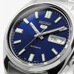 Closeup image of the Seiko SNXS Blue dial version wrist watch.