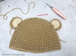 Needle, hook and crochet ears ready on hat.