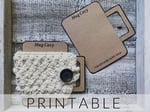 Two brown craft paper mugs one with white crochet cozy buttoned on.