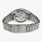 Back image of the Seiko SNXS Blue dial wrist watch, showing the bracelet, clasp and display back with mechanical movement.