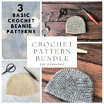 Photo collage of 3 crochet beanies in cream and grey yarn with text for crochet pattern bundle.