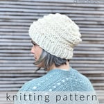 Woman turned to side wearing chunky hat with text knitting pattern.