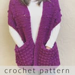 Crochet pattern text overlay on pocket shawl in purple.