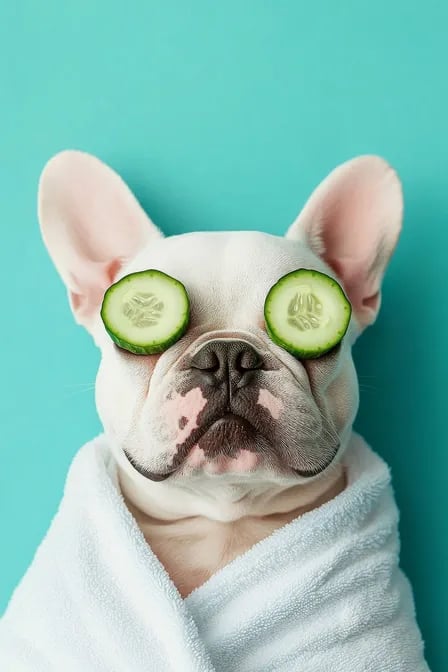 White french Bulldog wrapped in a towel with cucumber slices attached to his eyes