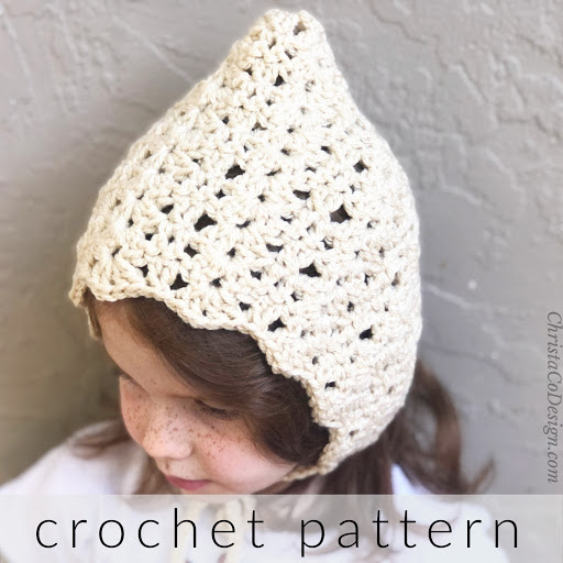  Girl with crochet bonnet on turned to side.