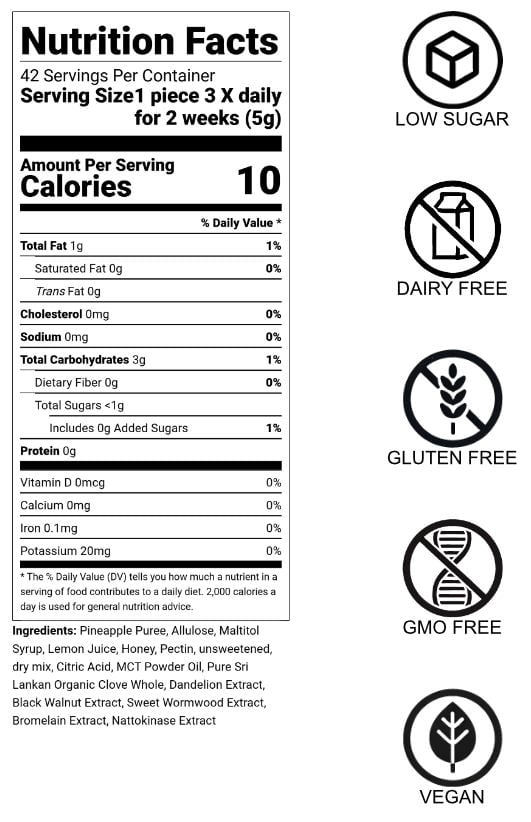 Discover the natural goodness of Charlie's Kitchen Power Wash Detox Gummies. These no-sugar-added, vegan gummies blend pineapple puree, clove, and black walnut with a hint of honey for a subtly sweet, vibrant cleanse. Gluten-free and dairy-free, each serving provides a refreshing bite that supports your body’s detox needs with smooth notes of warm spices and tropical fruit. Enjoy a flavorful, plant-powered cleanse experience with every gummy!
