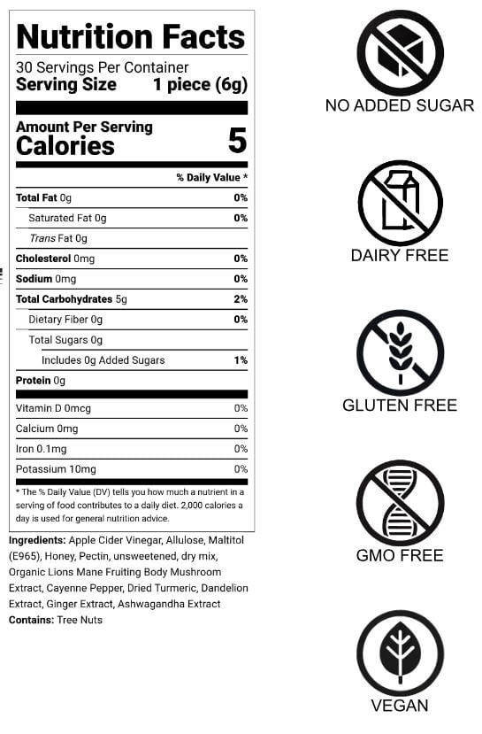 Nutrition facts for Charlie's Kitchen Inflammation Formula Gummies - Low Sugar, Dairy-Free, Gluten-Free, GMO-Free, and Vegan.