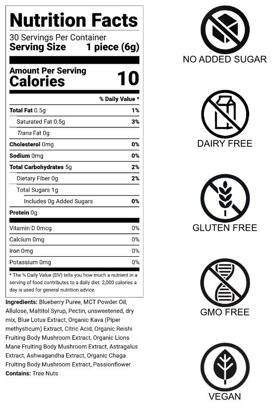 Detailed nutrition information for Charlie’s Kitchen Sleep Gummy. This plant-based, no-added-sugar gummy is vegan, gluten-free, dairy-free, and GMO-free, with key calming ingredients like Blue Lotus, Kava, and Reishi Mushroom to support restful sleep.