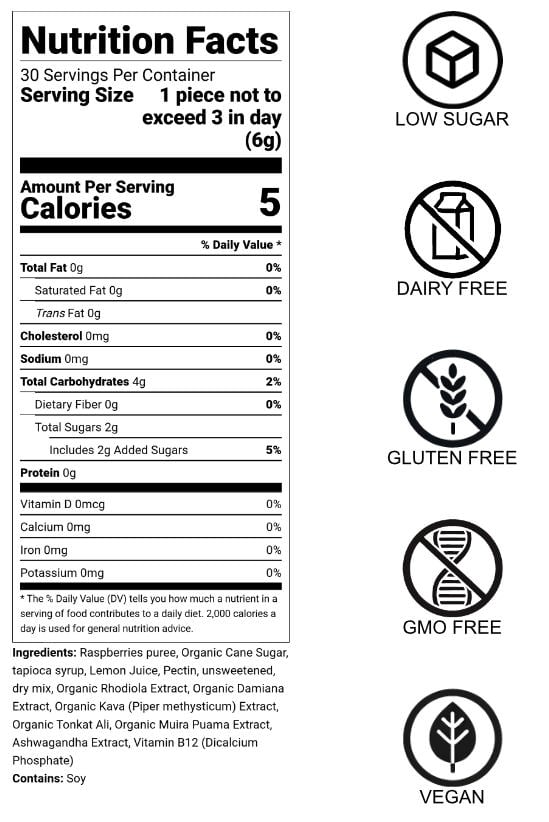 Women's Vitality Gummies Nutrition Facts: Plant-based, low-sugar blend with Rhodiola, Damiana, and Ashwagandha for energy and vitality.