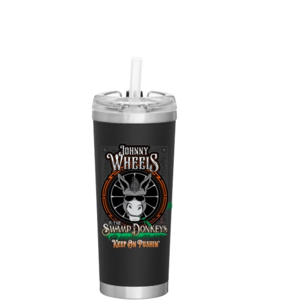 Tumbler with Johnny Wheels And The Swamp Donkeys logo.