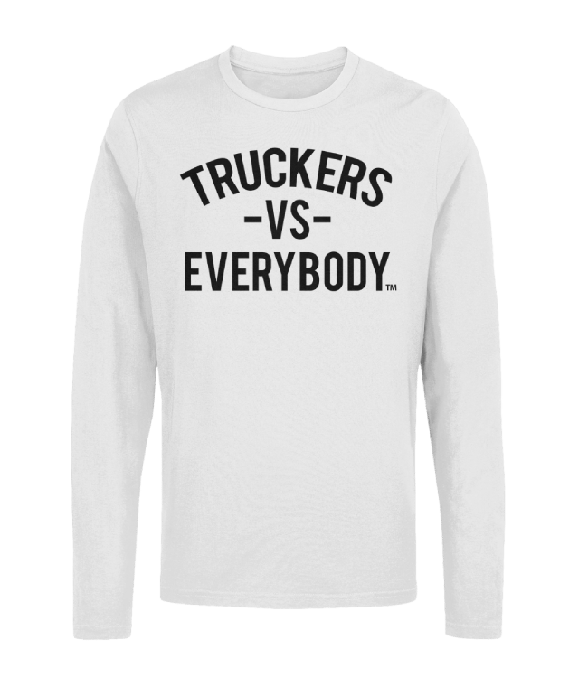 White Long Sleeve T-Shirt with black text