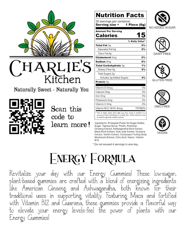 Explore the ingredients in Charlie's Kitchen Energy Gummies: natural fruit, ginseng, and B12. Supports daily energy levels with a delicious, low-sugar formula.