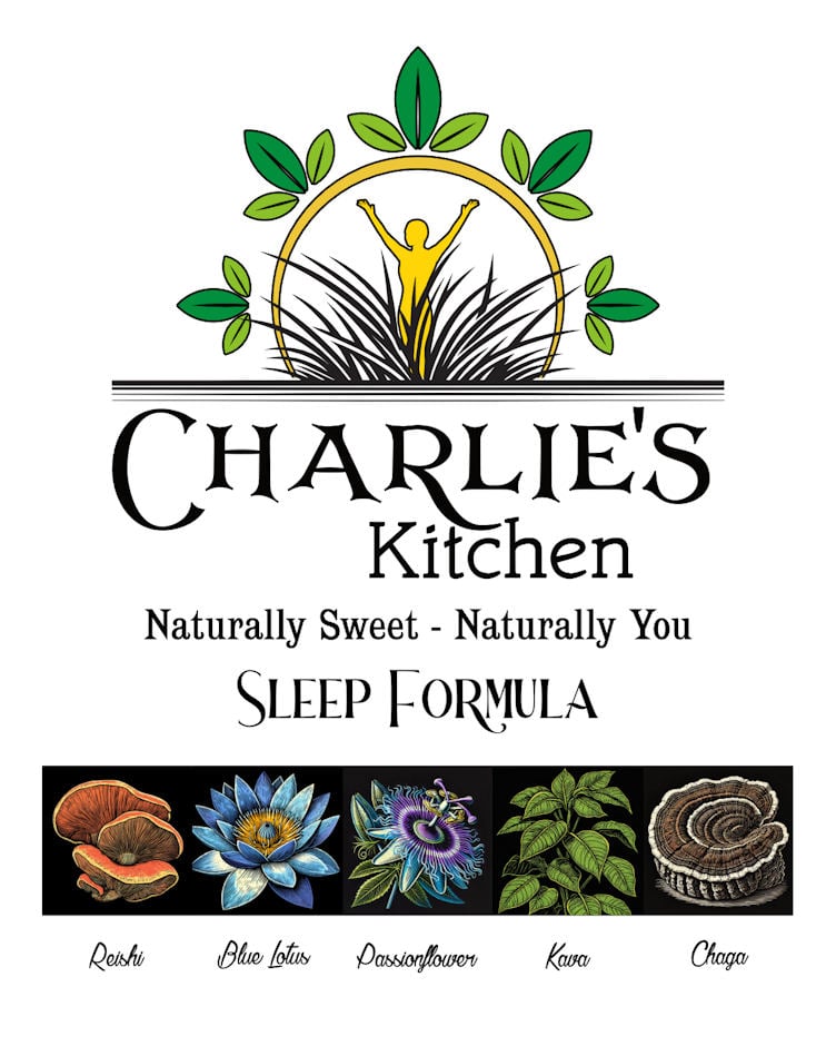 Front label for Charlie’s Kitchen Sleep Gummies. Featuring soothing botanicals like Reishi, Blue Lotus, Passionflower, Kava, and Chaga to support restful sleep naturally. Discover the plant-based solution for enhanced relaxation and quality rest.