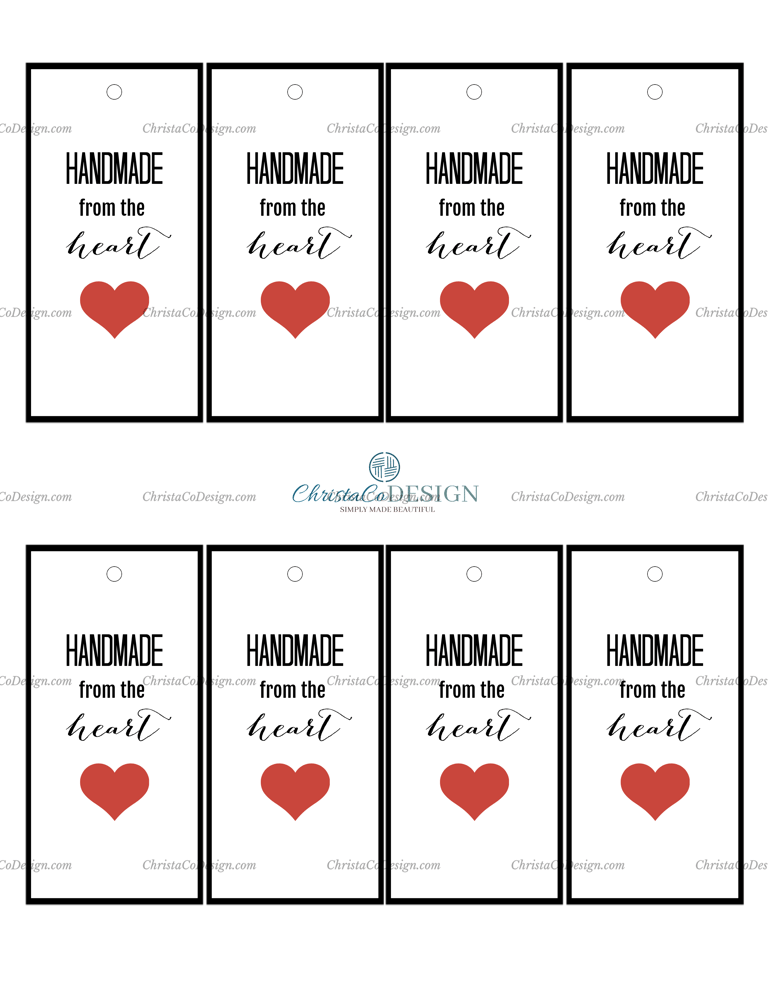 8 rectangle gift tags with handmade from the heart printed above a heart.
