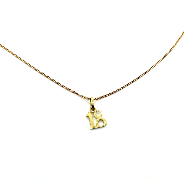 9ct Gold fine chain with &ldquo;18&rdquo; pendant