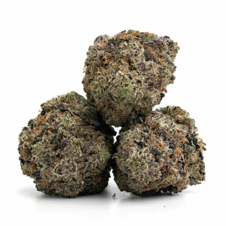 Trainwreck THCa Flower – Potent cannabis buds with frosty trichomes and vibrant orange hairs.