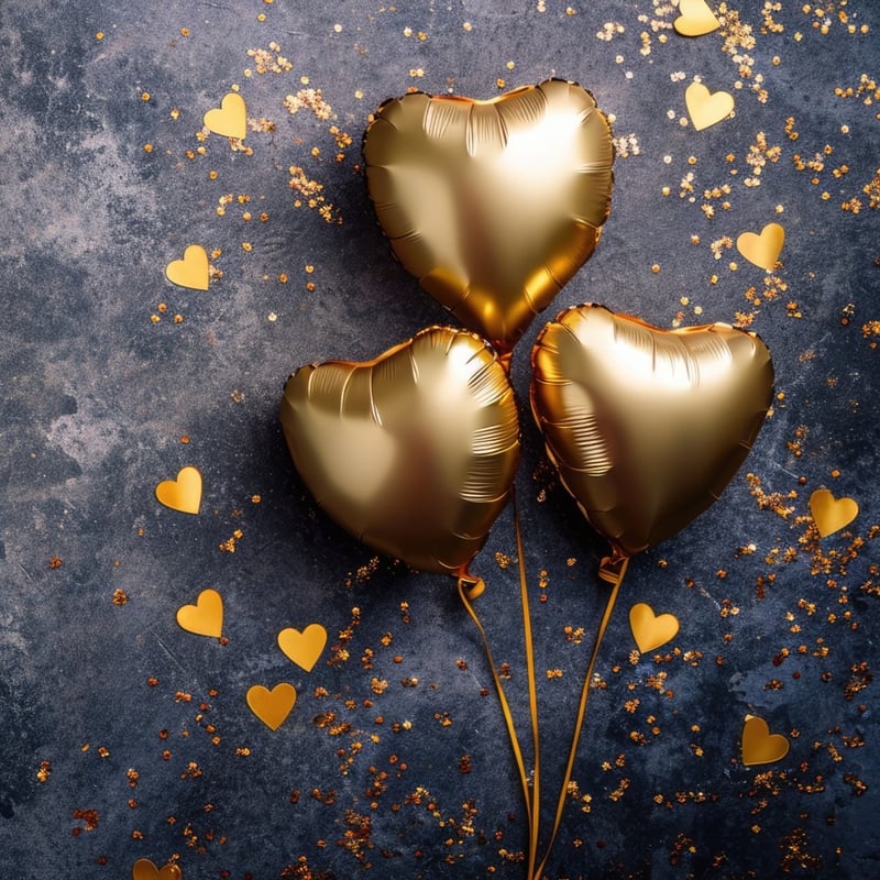 Three gold-coloured balloons clumped together with heart icons all around it