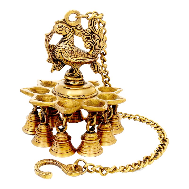 Brass Hanging Peacock Diya with Bells Antique