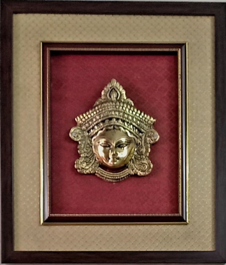 Wall Hanging Metal Goddess Durga Framed on Raw Silk Wall Decor