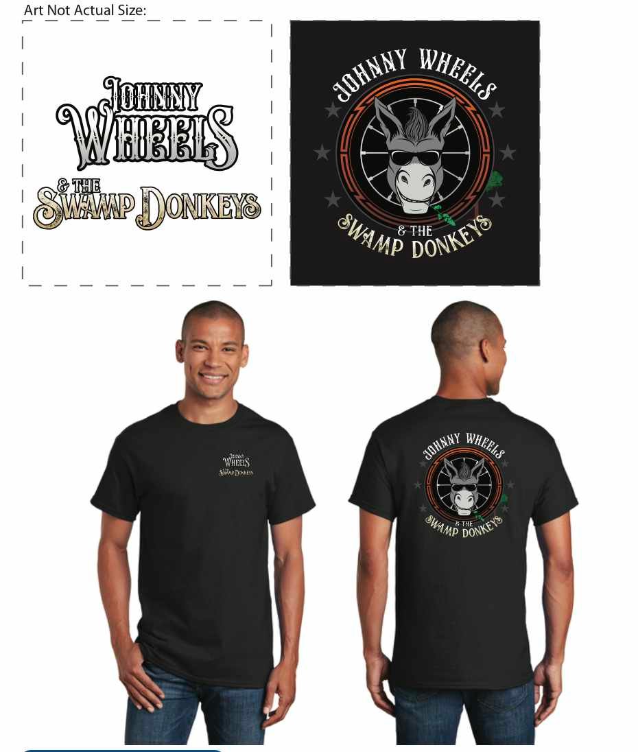 Johnny Wheels & The Swamp Donkeys men's T-shirt with large round logo on the back and “Johnny Wheels & The Swamp Donkeys” text on the front.