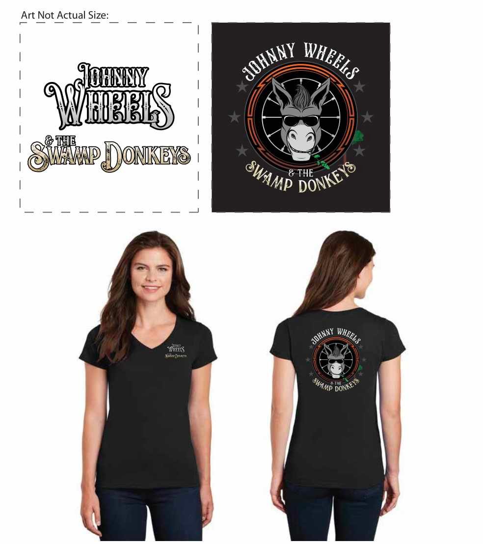 Johnny Wheels & The Swamp Donkeys men's T-shirt with large round logo on the back and “Johnny Wheels & The Swamp Donkeys” text on the front.