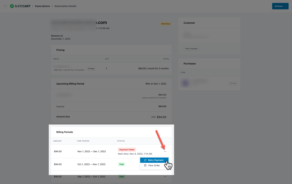 How to Manually Retry Failed Subscription Payments SureCart_Retry payments