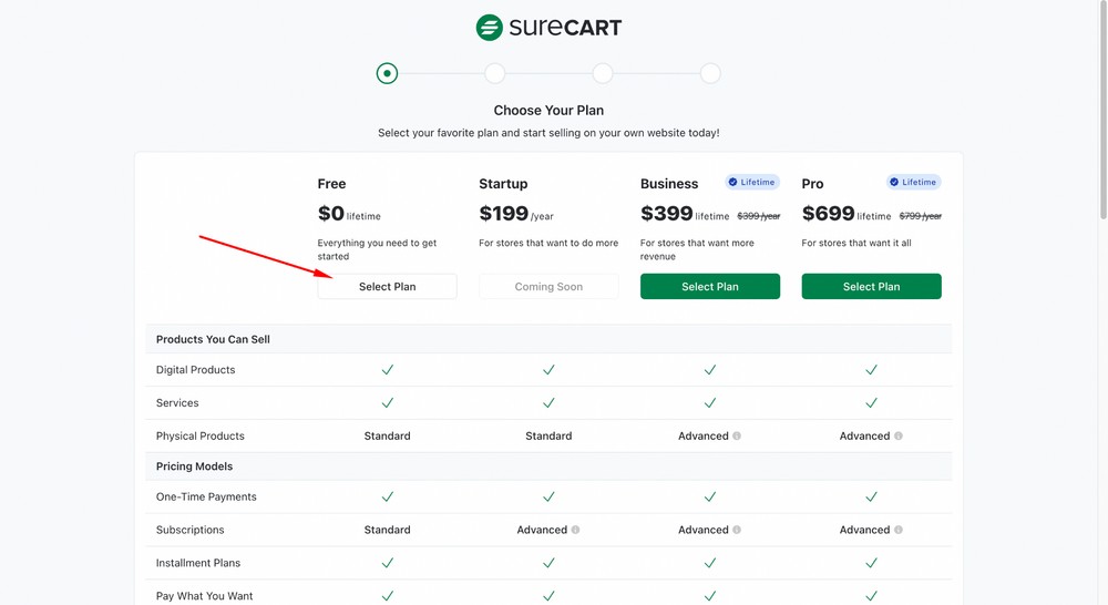 Getting started with SureCart - select plan