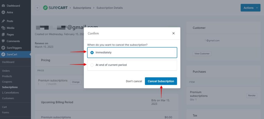 How to Cancel the Subscriptions in SureCart? SureCart-Subscriptions-cancel-confirm