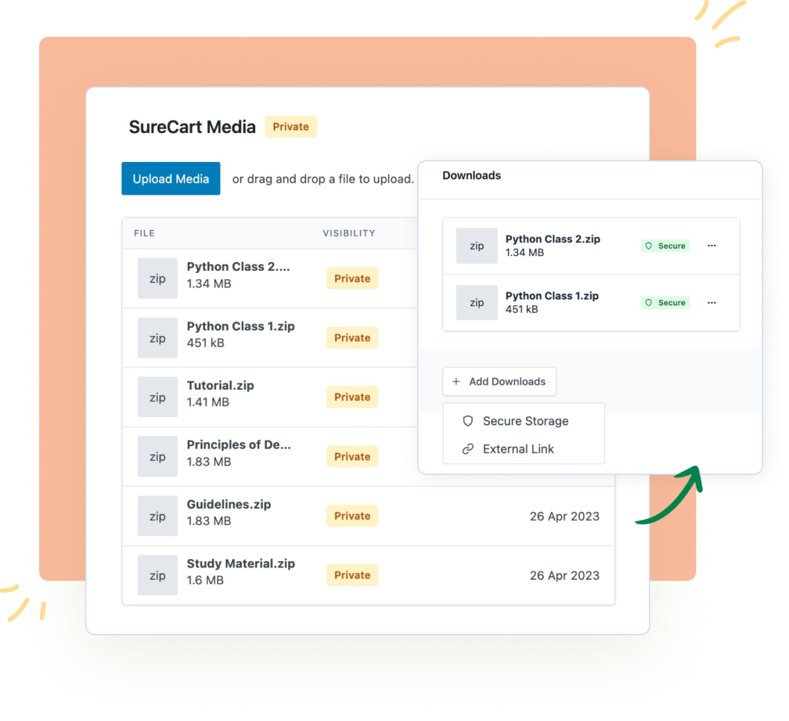 Digital Downloadable Products Store Files Securely on SureCart