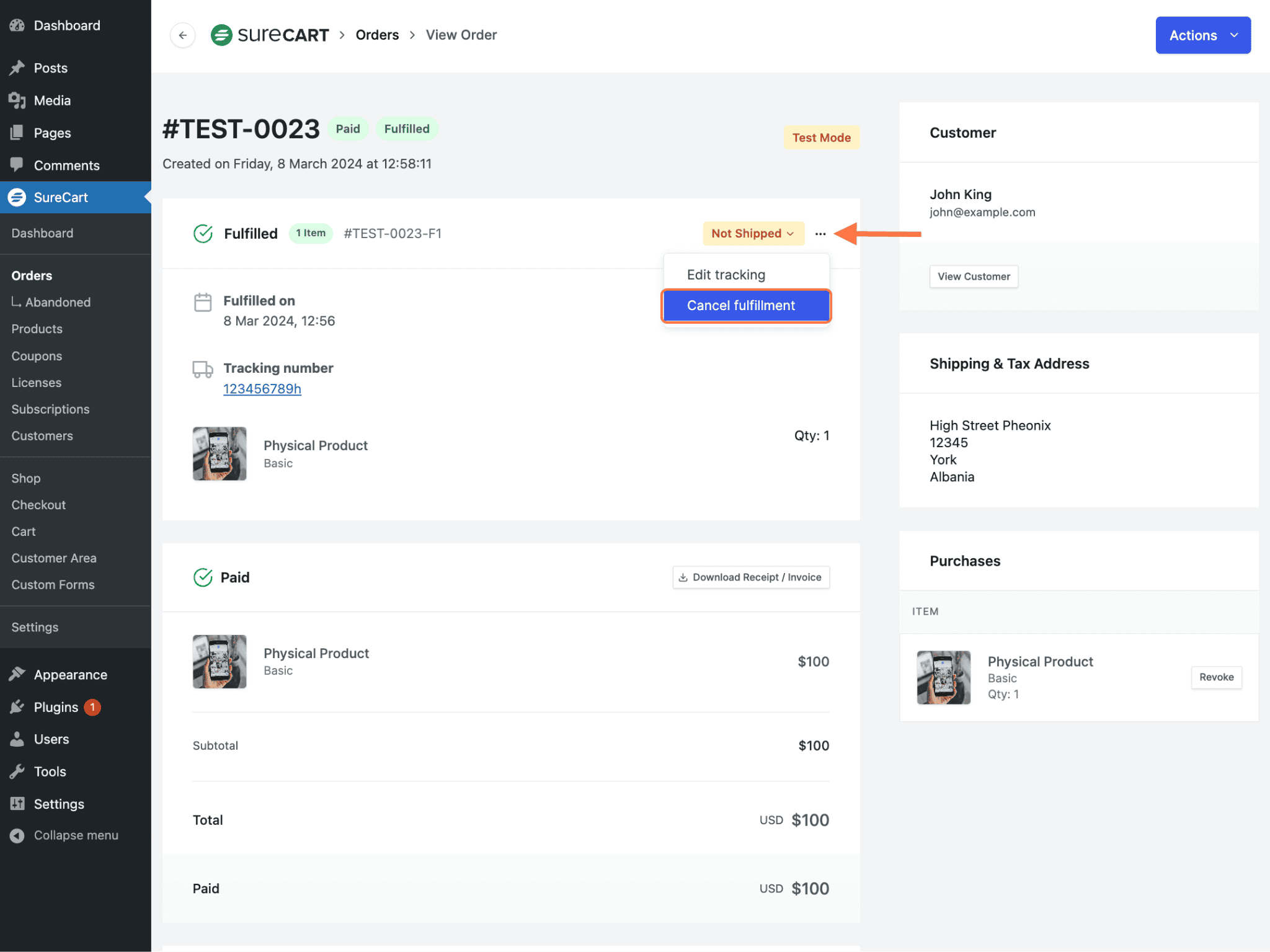 Click on Cancel fulfillment option