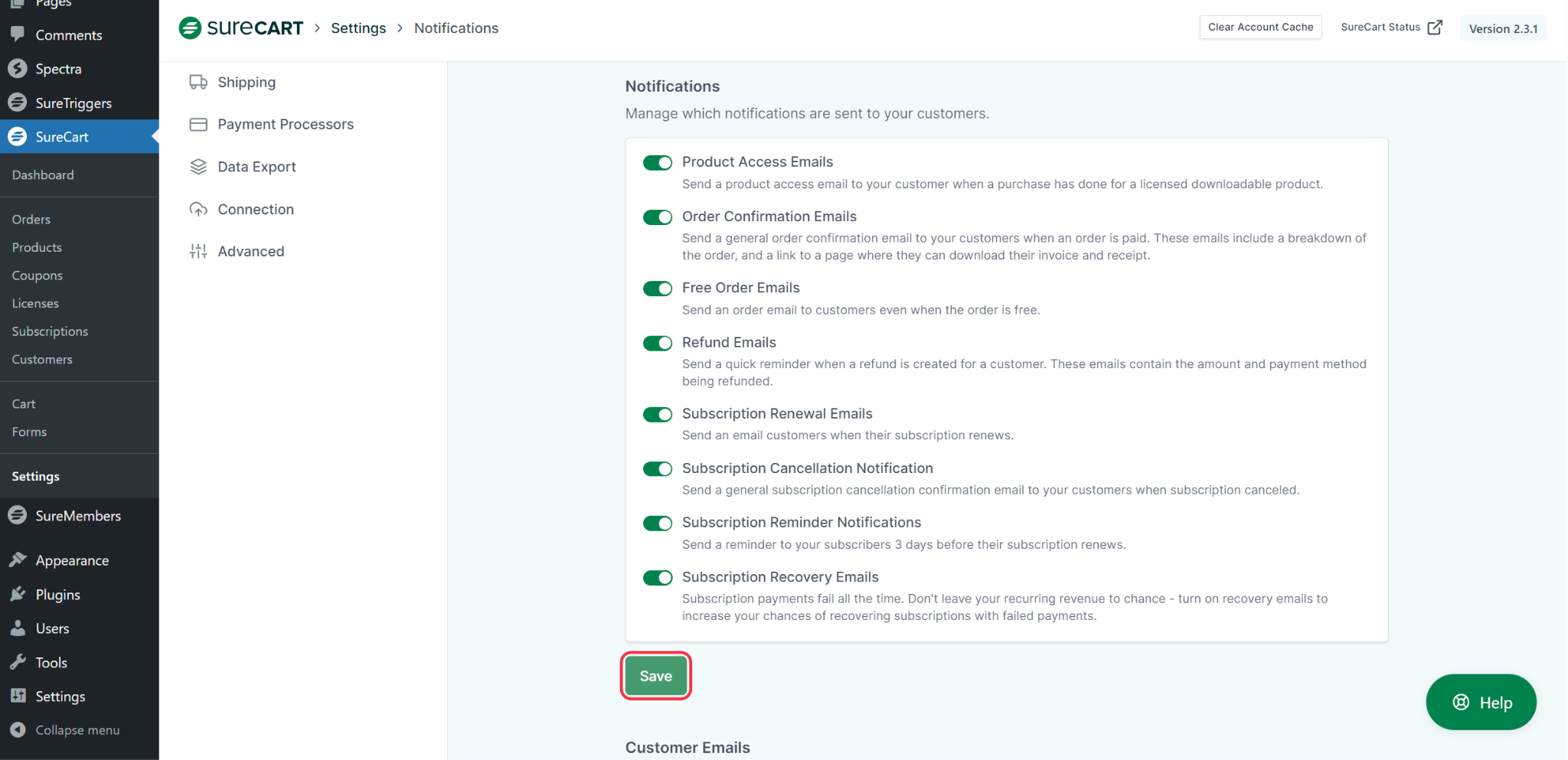 How to Manage Customer Email Notifications SureCart Email Notifications Save Button